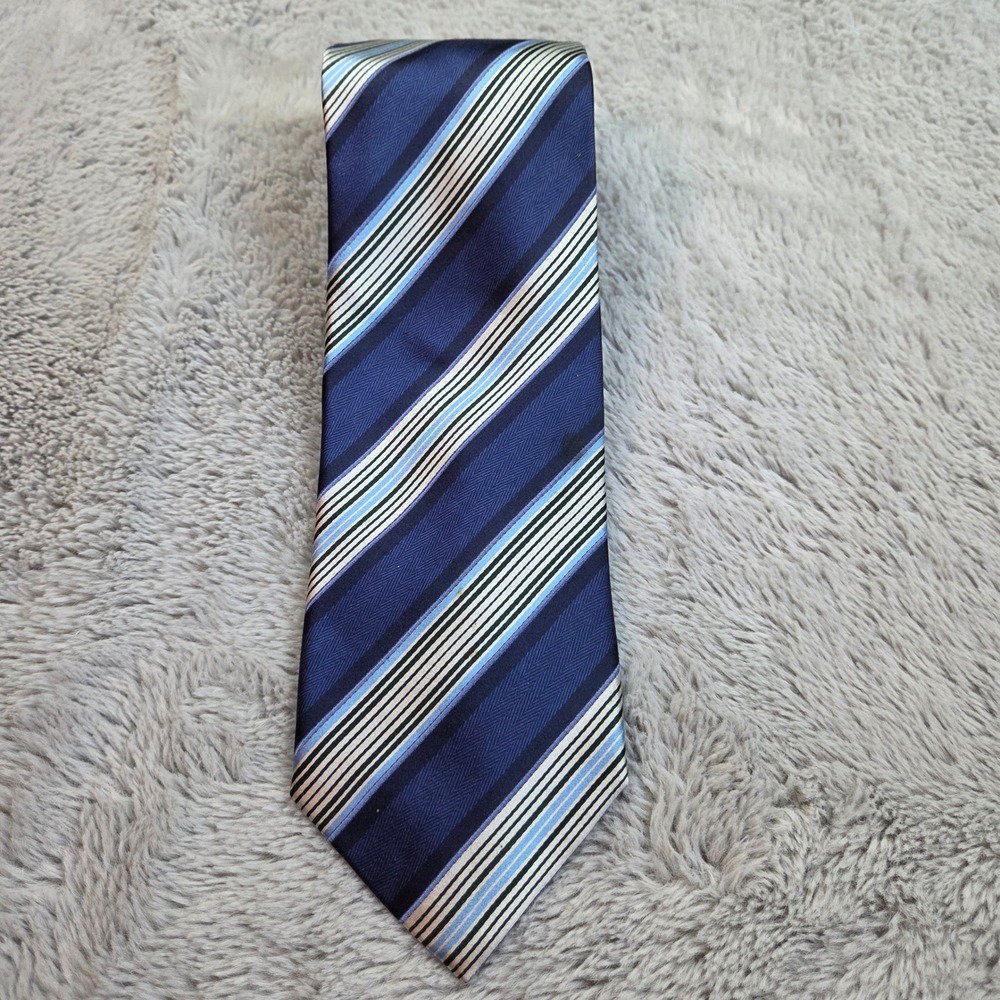Ermenegildo Zegna Silk Cotton Necktie Mens OS Striped Herringbone Blue White 80c